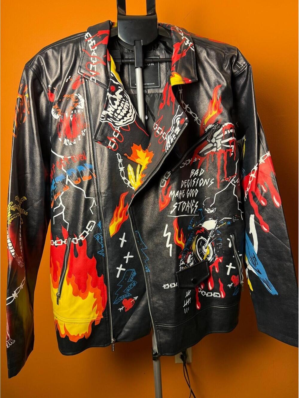 New NWT Limited Edition Reason XL biker punk faux leather jacket skull flames